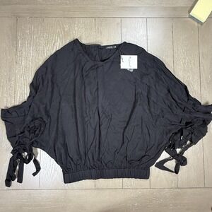 Junie Shirt Womens XS Black Lyocell Batwing Dolman Tie Sleeve Elastic Hem Blouse